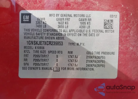 2012 Chevrolet Suburban K1500 Lt from USA, damaged, VIN 1GNSKJE7XCR239853